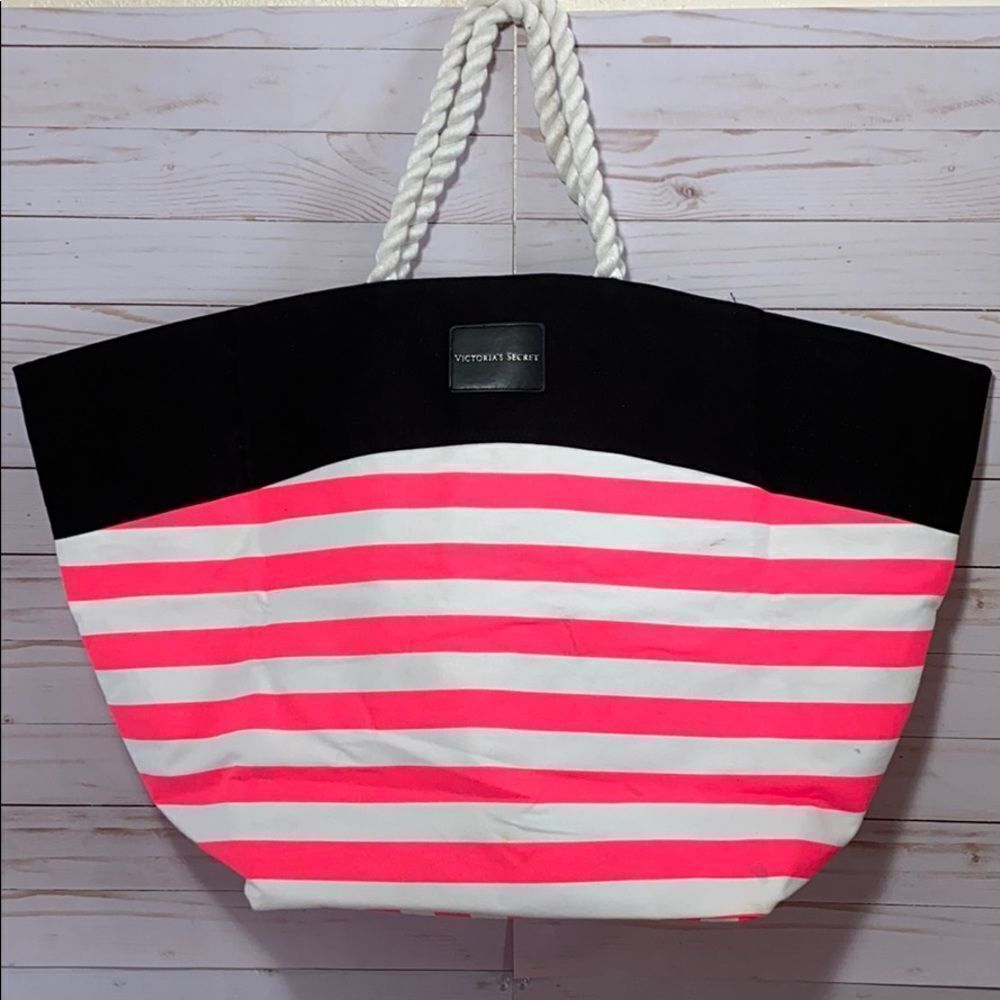 Victoria’s Secret Neon Pink Striped Beach Tote Bag